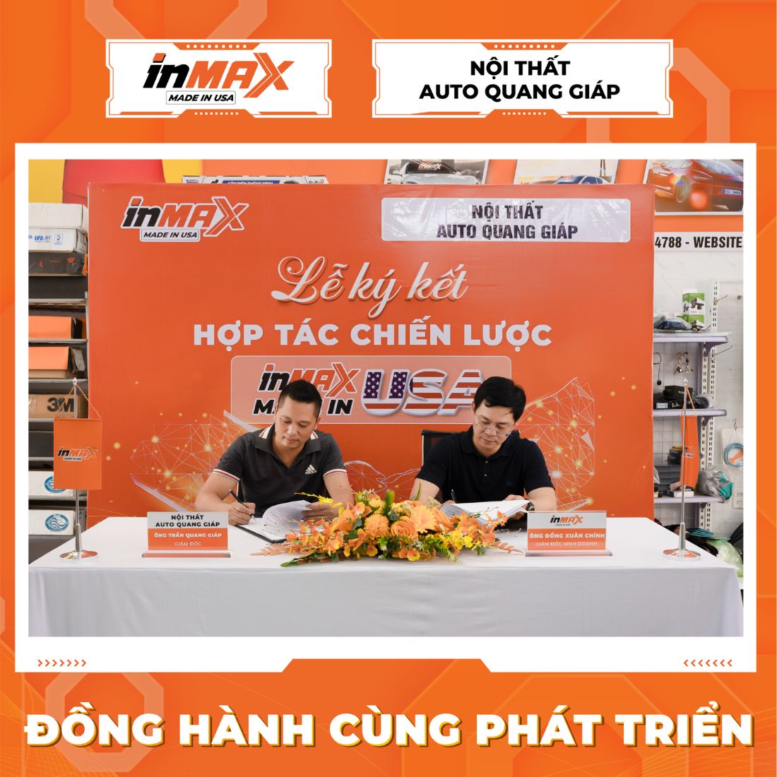 Đại diện INMAX và Quang Giáp Auto cùng đặt bút ký vào bản thỏa thuận hợp tác chiến lược