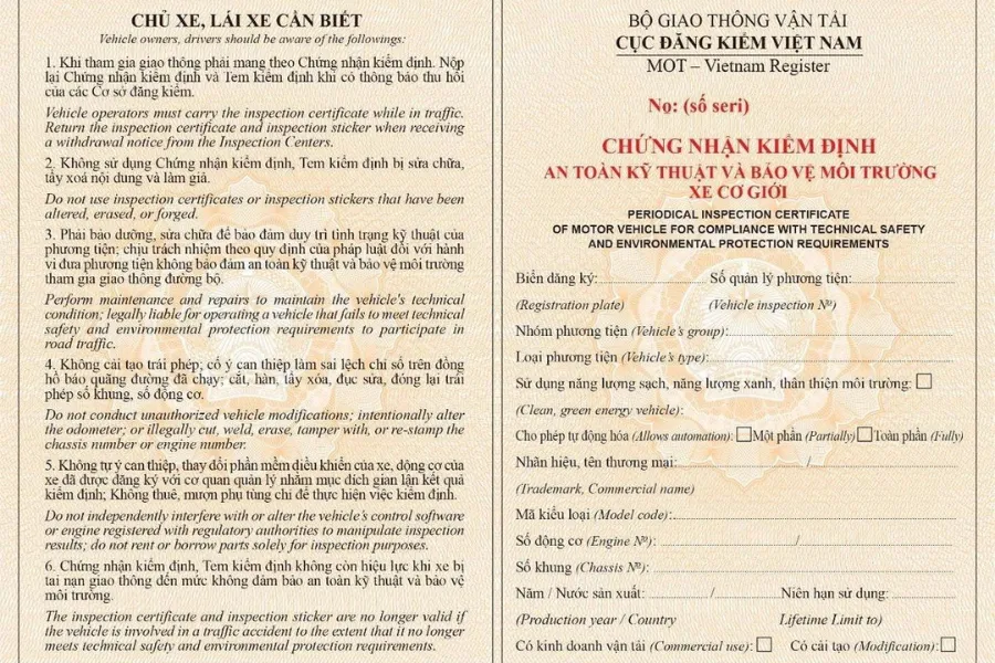 Giấy chứng nhận đăng kiểm xe ô tô