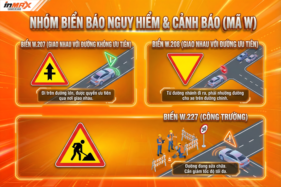 Các biển báo giao thông cần nhớ trong nhóm biển báo Nguy hiểm và Cảnh báo (Mã W)