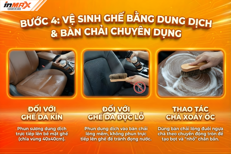 Bước 4: Phun dung dịch vệ sinh ghế da oto và dùng bàn chải
