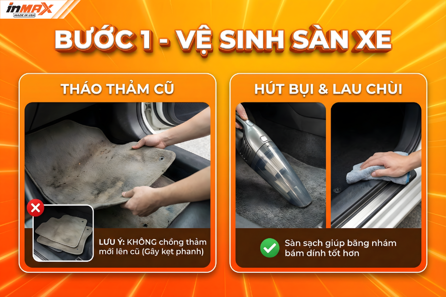 Bước 1: Vệ sinh toàn bộ sàn xe trước khi lắp thảm lót sàn oto