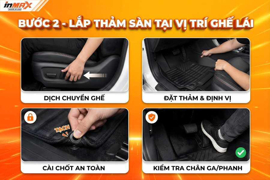 Bước 2: Kỹ thuật lắp thảm lót sàn oto cho ghế lái (Vị trí quan trọng nhất)