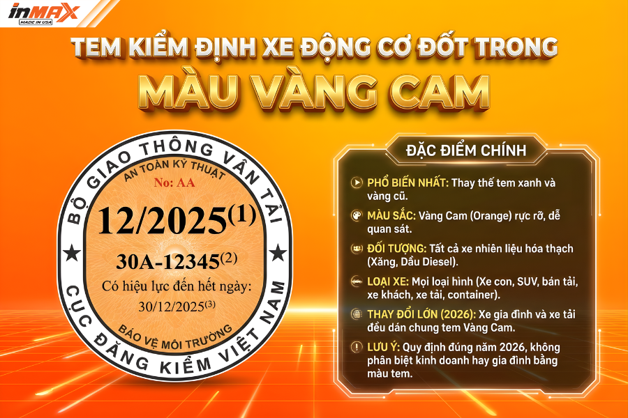 Nhận biết màu tem kiểm định cho xe động cơ đốt trong - Tem Vàng Cam