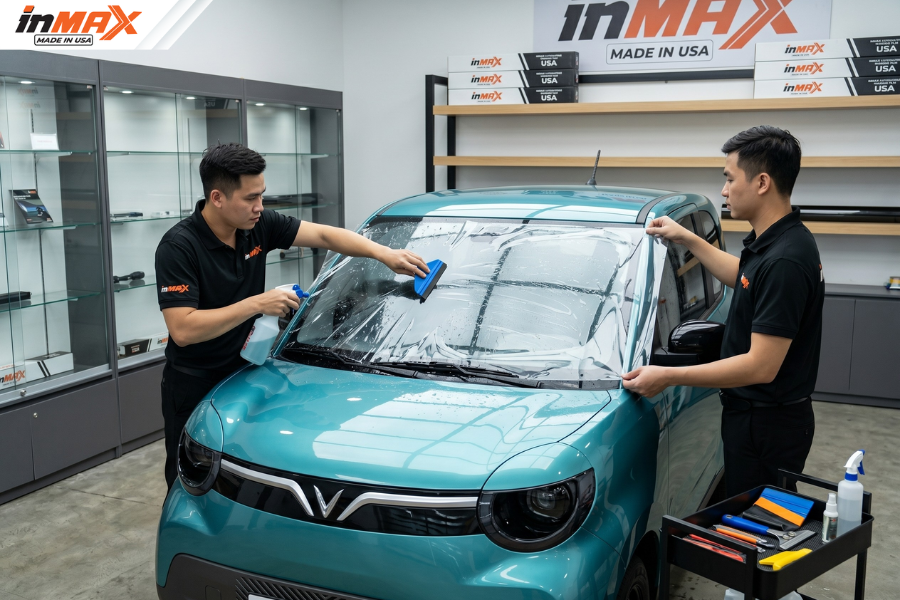 Quy trình dán phim phản xạ nhiệt cho xe Vinfast Minio Gree