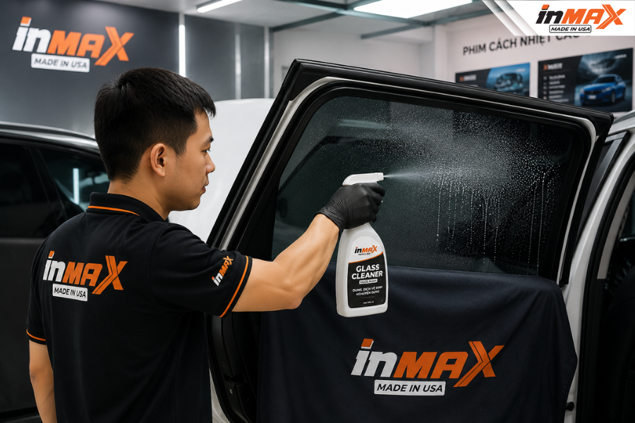 Phun dung dịch vệ sinh chuyên dụng lên bề mặt kính