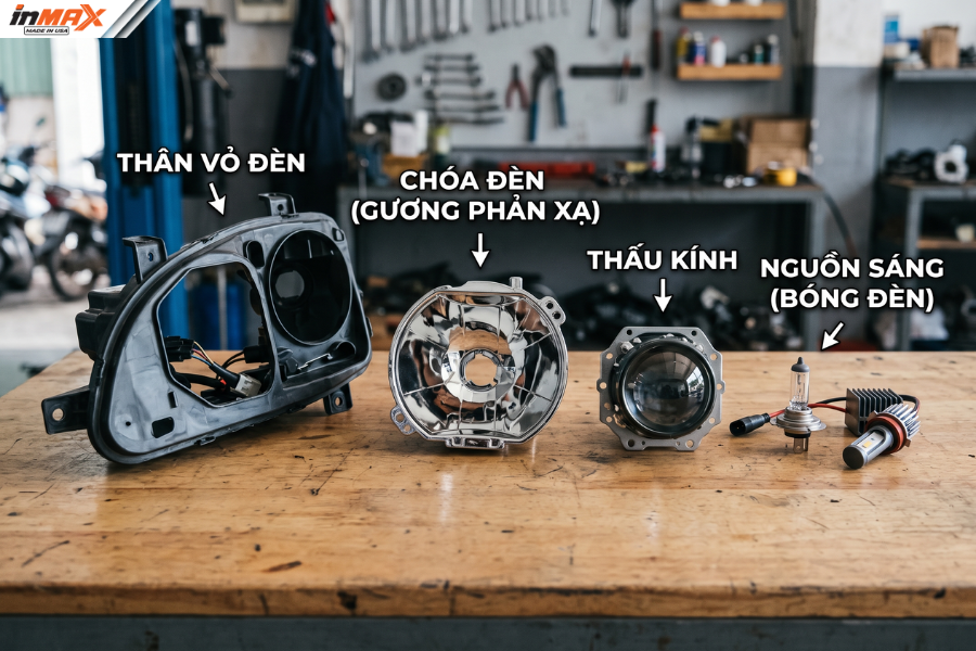 Các bộ phận cấu tạo chính của đèn pha ô tô