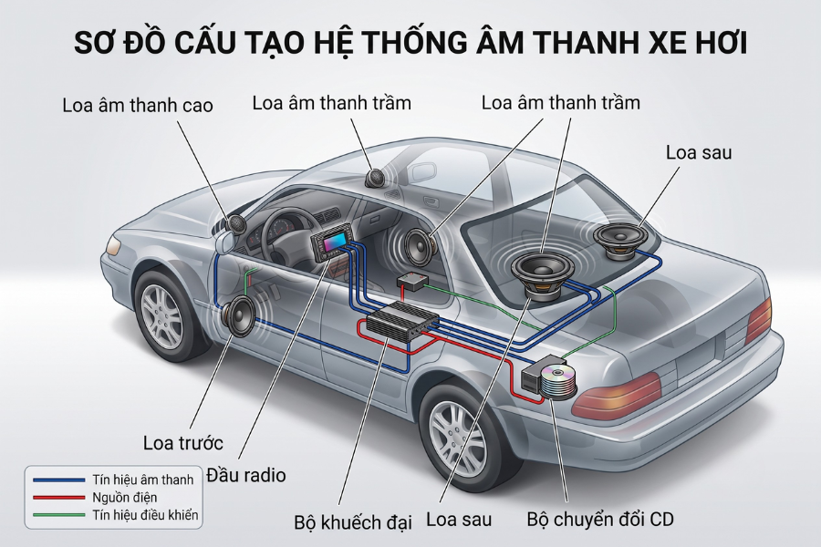 Sơ đồ cấu tạo cơ bản của hệ thống âm thanh xe hơi