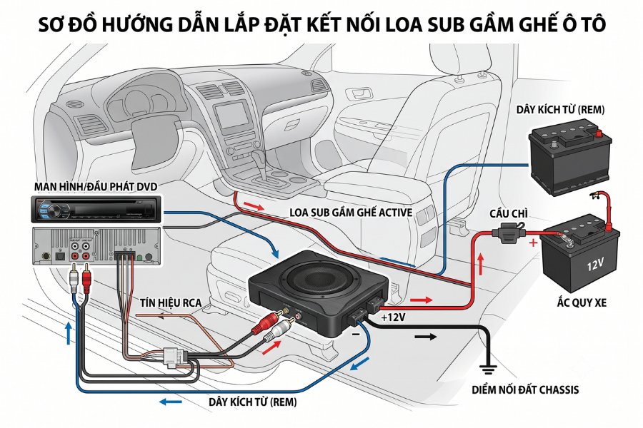 Loa SUB oto kết nối với hệ thống điện và amply của xe