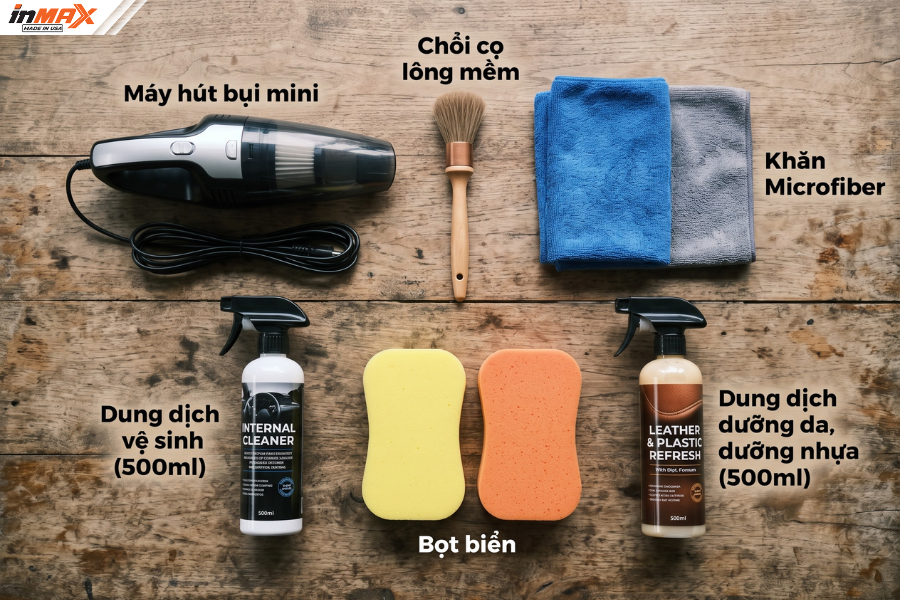 Chuẩn bị dụng cụ để vệ sinh nội thất ô tô