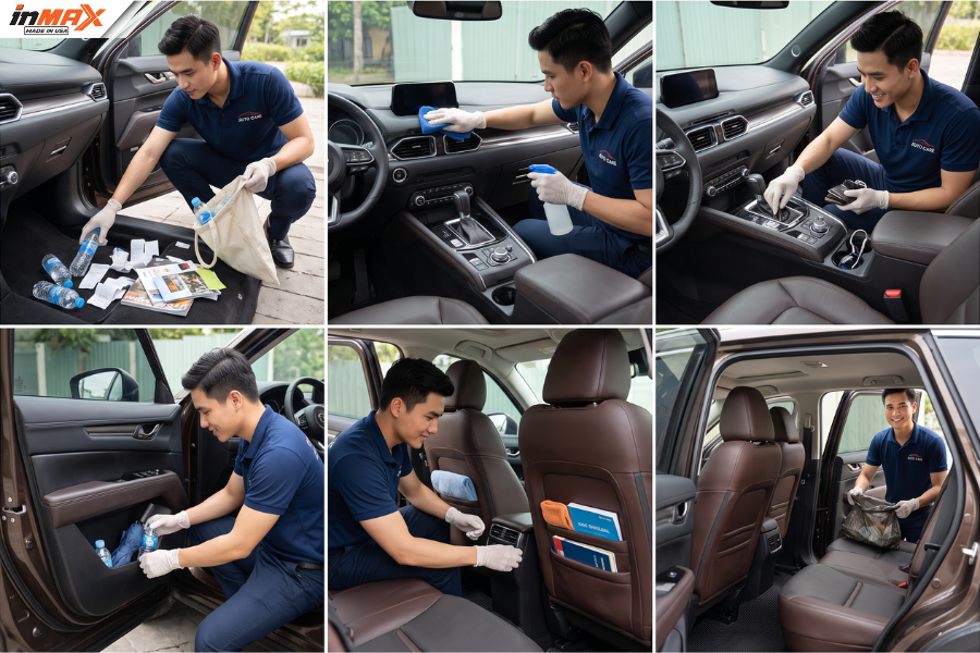 Vệ sinh nội thất ô tô bằng cách xếp đồ gọn gàng và dọn rác