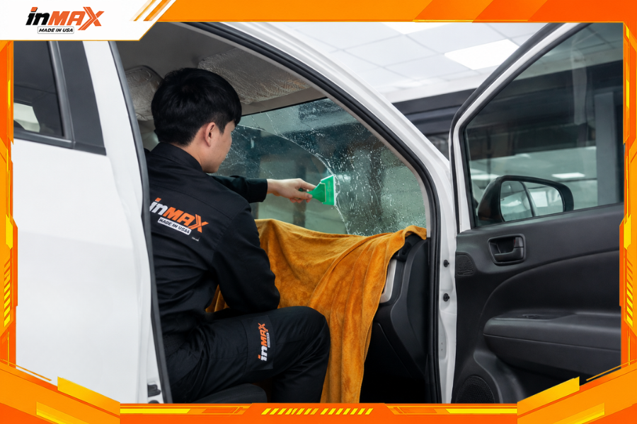 Thao tác thi công dán phim cách nhiệt cho xe Toyota Wigo tỉ mỉ từng chi tiết