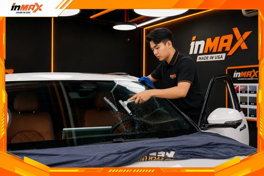Dán phim cách nhiệt cho xe VF9 ở vị trí kính lái