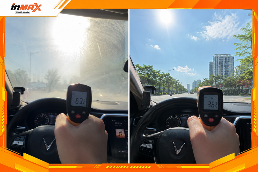 Đo test nhiệt độ kính lái trước và sau khi dán phim cách nhiệt cho xe Vinfast Lux A