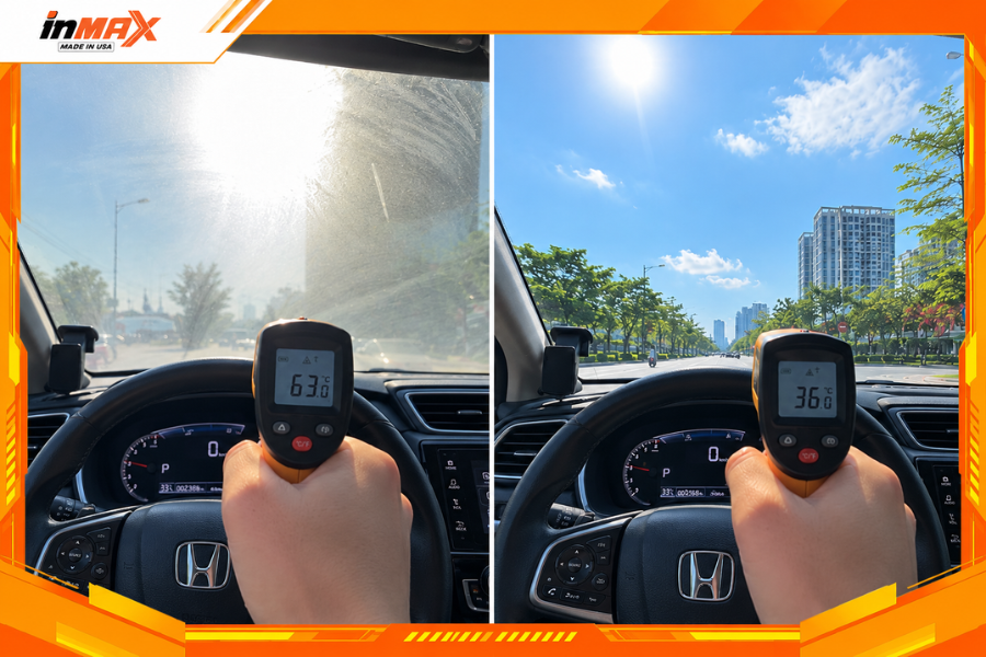 Đo test nhiệt độ kính lái trước và sau khi dán phim cách nhiệt cho xe Honda BR-V