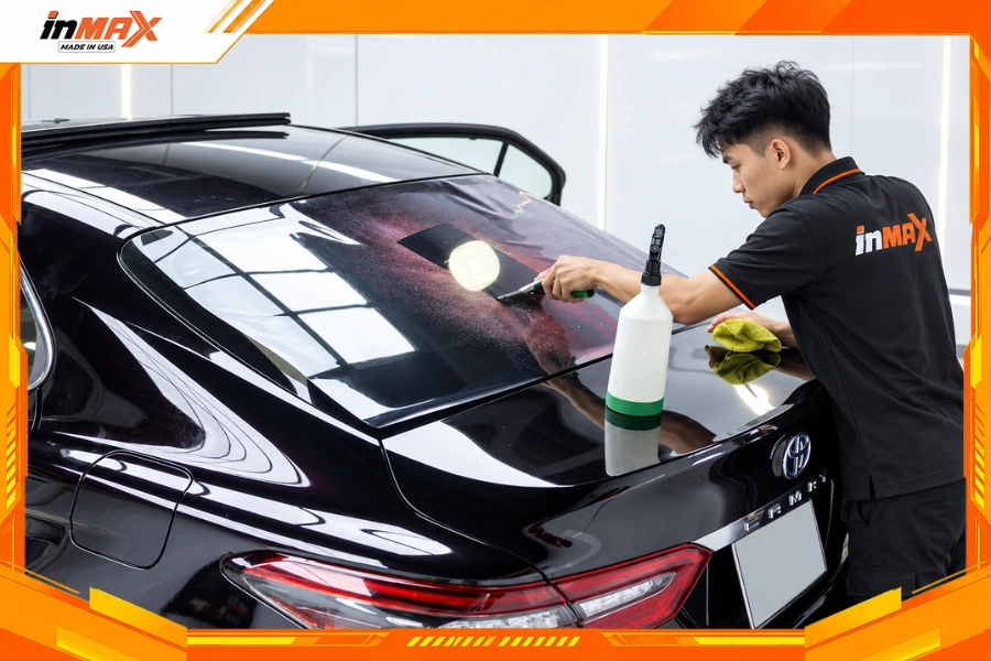 Dán phim cách nhiệt cho xe Toyota Camry vị trí kính hậu tạo sự riêng tư