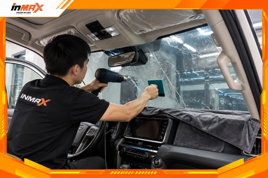 Kỹ thuật viên dán phim cách nhiệt cho xe Toyota Land Cruiser Prado có tay nghề cao