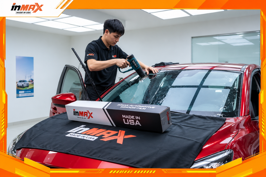 Dán phim cách nhiệt cho xe Mazda 2 ở kính lái
