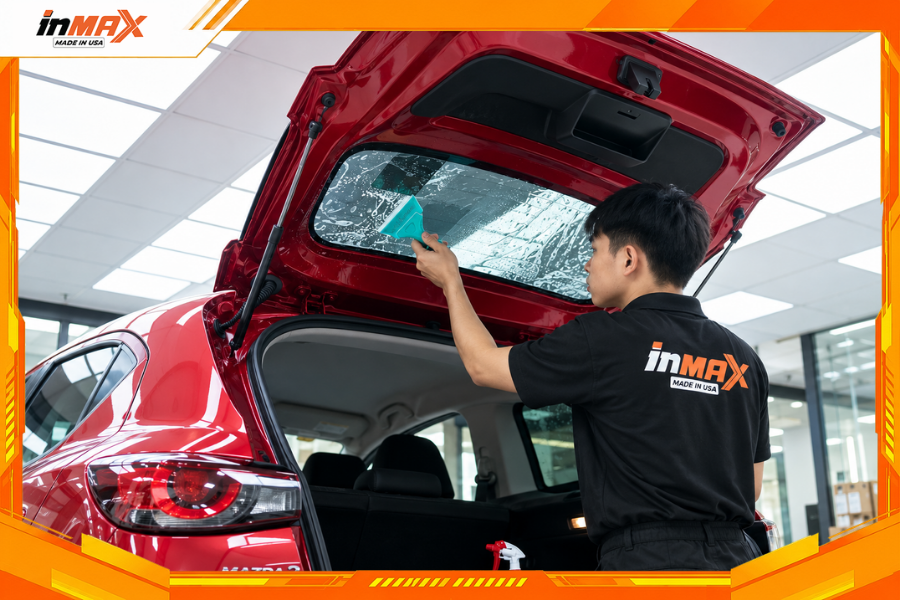 Dán phim cách nhiệt cho xe Mazda 2 vị trí kính hậu